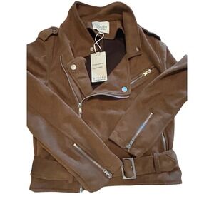 Stoosh Camel Brown Faux Suede Moto Biker Jacket Belted JKJR1340 Women's Size Med